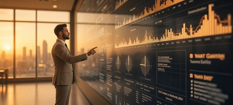 Analyst reviewing data dashboards on a large display
